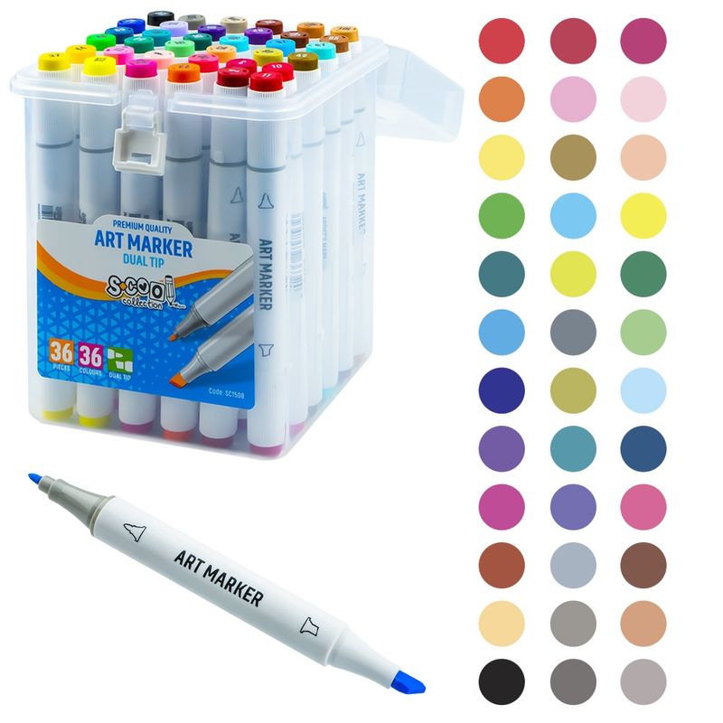Carti si Birotica - Birotica - Instrumente de scris - Markere si carioci - Set 36 Markere Grafice cu Alcool S-COOL, Doua Capete 3mm-6mm (Subtire si Tesit), Cutie Plastica cu Maner - Infinity.ro