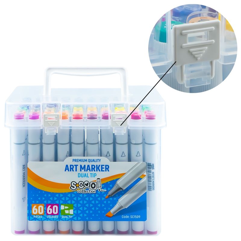 Carti si Birotica - Birotica - Instrumente de scris - Markere si carioci - Set 60 Markere Grafice cu Alcool S-COOL, Doua Capete 3mm-6mm (Subtire si Tesit), Cutie Plastica cu Maner - Infinity.ro