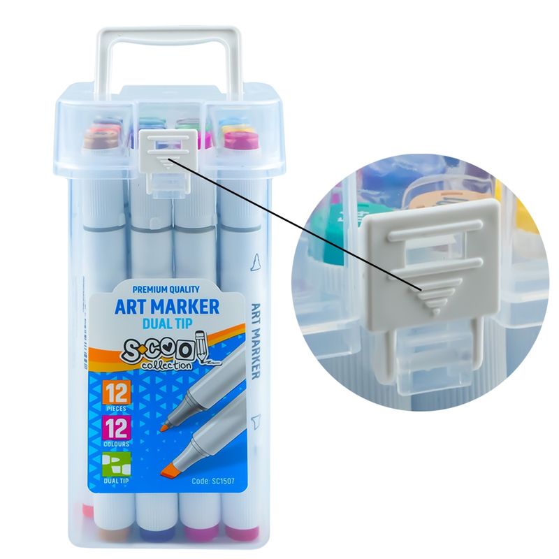 Carti si Birotica - Birotica - Instrumente de scris - Markere si carioci - Set 12 Markere Grafice cu Alcool S-COOL, Doua Capete 3mm-6mm (Subtire si Tesit), Cutie Plastica cu Maner - Infinity.ro