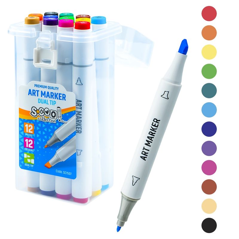 Carti si Birotica - Birotica - Instrumente de scris - Markere si carioci - Set 12 Markere Grafice cu Alcool S-COOL, Doua Capete 3mm-6mm (Subtire si Tesit), Cutie Plastica cu Maner - Infinity.ro