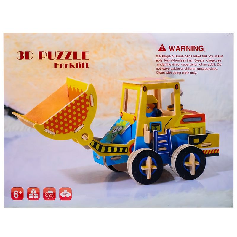 Jucarii, Copii si Bebe - Jucarii si jocuri - Jocuri si puzzle - Puzzle - Puzzle 3D din Lemn DIY Stivuitor cu Roti Mobile si Cupa Functionala, 57 Piese Predecupate, Fara Lipici - Infinity.ro