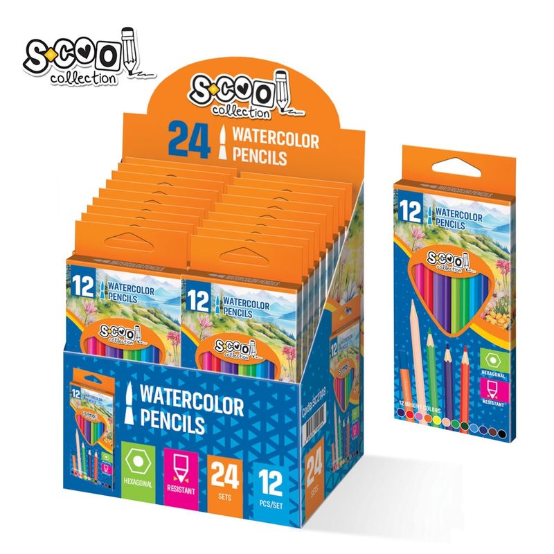 Carti si Birotica - Birotica - Instrumente de scris - Creioane - Set 12 Creioane Colorate Acuarelabil S-COOL, Corp Hexagonal din Lemn Premium, Mina Rezistenta, Efect de Pictura - Infinity.ro