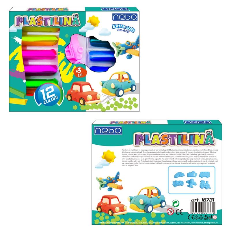 Carti si Birotica - Rechizite - Plastilina - Set Plastilina Modelatoare 12 Culori NEBO cu 3 Forme Vehicule, Extra Moale, Reutilizabila si Rehidratabila - Infinity.ro