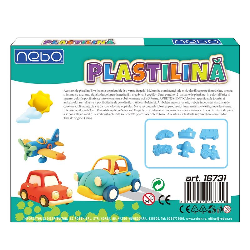 Carti si Birotica - Rechizite - Plastilina - Set Plastilina Modelatoare 12 Culori NEBO cu 3 Forme Vehicule, Extra Moale, Reutilizabila si Rehidratabila - Infinity.ro