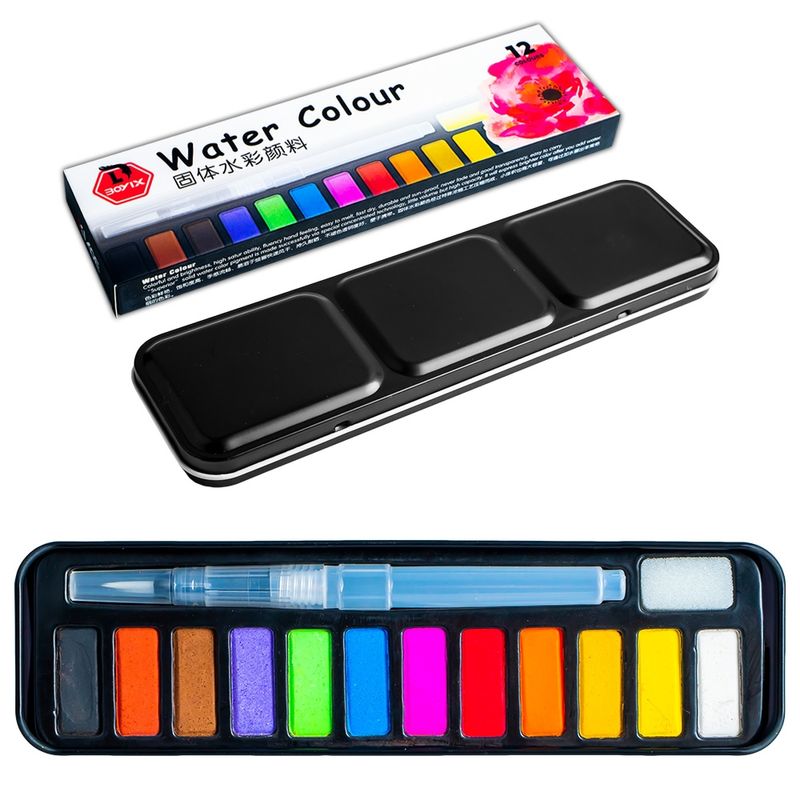 Carti si Birotica - Rechizite - Pictura si desen - Acuarele si culori - Set Acuarele Pastila 12 Culori in Cutie Metalica, Pensula cu Rezervor de Apa si Burete, Capac cu 3 Godeuri - Infinity.ro