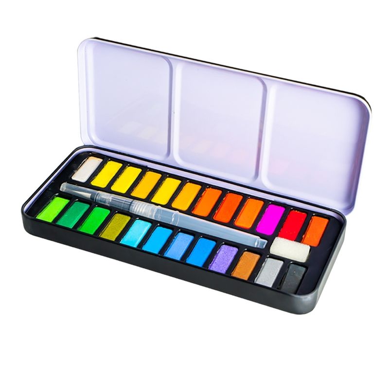Carti si Birotica - Rechizite - Pictura si desen - Acuarele si culori - Set Acuarele Pastila 24 Culori NEBO in Cutie Metalica, Pensula cu Rezervor de Apa si Burete Inclus - Infinity.ro