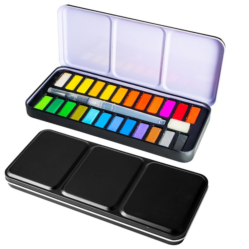 Carti si Birotica - Rechizite - Pictura si desen - Acuarele si culori - Set Acuarele Pastila 24 Culori NEBO in Cutie Metalica, Pensula cu Rezervor de Apa si Burete Inclus - Infinity.ro