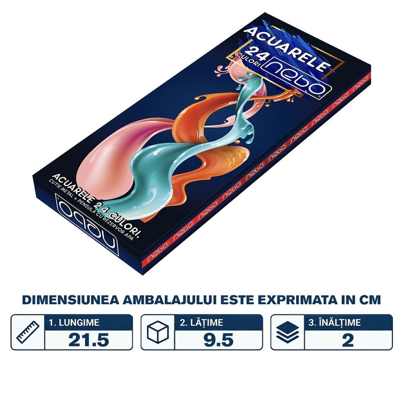 Carti si Birotica - Rechizite - Pictura si desen - Acuarele si culori - Set Acuarele Pastila 24 Culori NEBO in Cutie Metalica, Pensula cu Rezervor de Apa si Burete Inclus - Infinity.ro