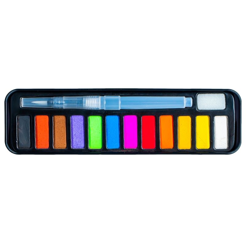 Carti si Birotica - Rechizite - Pictura si desen - Acuarele si culori - Set Acuarele Pastila 12 Culori NEBO in Cutie Metalica, Pensula cu Rezervor de Apa si Burete Inclus - Infinity.ro