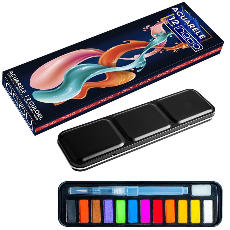 Carti si Birotica - Rechizite - Pictura si desen - Acuarele si culori - Set Acuarele Pastila 12 Culori NEBO in Cutie Metalica, Pensula cu Rezervor de Apa si Burete Inclus - Infinity.ro