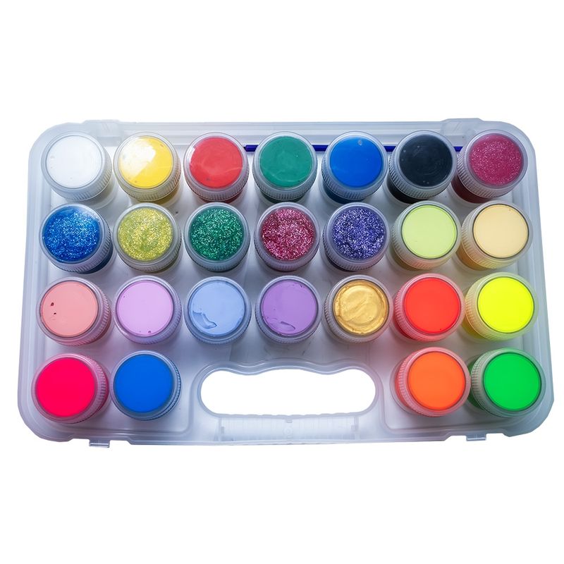Carti si Birotica - Rechizite - Pictura si desen - Acuarele si culori - Set 25 Acuarele Guase NEBO 15 ml, Culori Clasice, Neon, Sidefate si cu Sclipici, Gentuta de Transport cu Godeuri - Infinity.ro