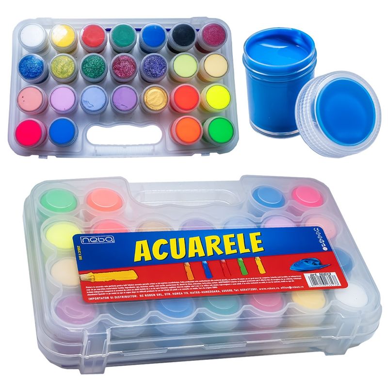 Carti si Birotica - Rechizite - Pictura si desen - Acuarele si culori - Set 25 Acuarele Guase NEBO 15 ml, Culori Clasice, Neon, Sidefate si cu Sclipici, Gentuta de Transport cu Godeuri - Infinity.ro