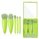 Ingrijire personala si Cosmetice - Machiaj - Aplicatoare si pensule machiaj - Set 5 Mini Pensule Machiaj Daemi, cu Oglinda si Carcasa, Peri Moi, Verde Lime - Infinity.ro