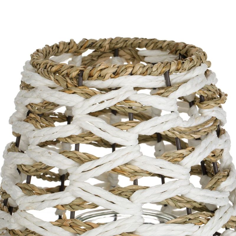 Casa si Gradina - Corpuri si surse de iluminat - Iluminat exterior - Felinare - Felinar decorativ oval cu picioare metalice, impletit din sfoara naturala, bej si alb, 17x27cm - Infinity.ro