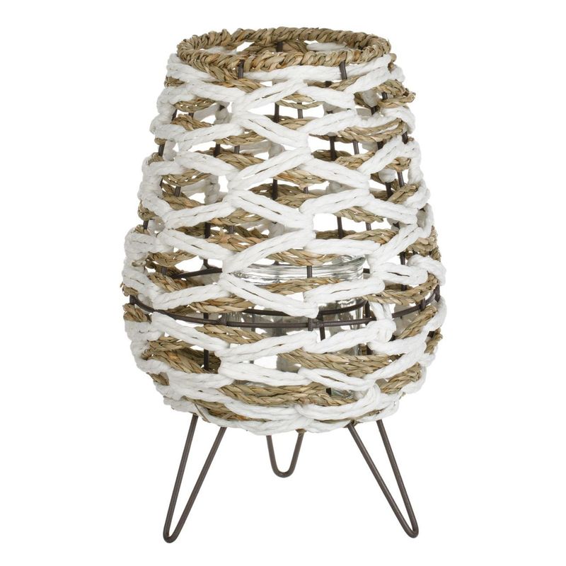 Casa si Gradina - Corpuri si surse de iluminat - Iluminat exterior - Felinare - Felinar decorativ oval cu picioare metalice, impletit din sfoara naturala, bej si alb, 17x27cm - Infinity.ro