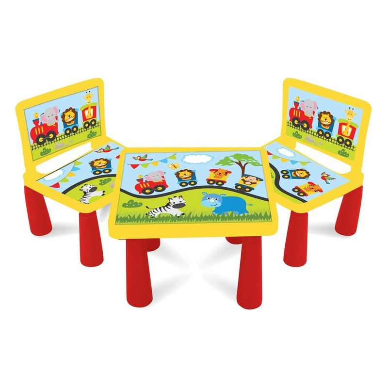 Casa si Gradina - Mobilier - Seturi de mobilier - Seturi living - Set Masa si 2 Scaune din Plastic pentru Copii, cu Model Trenulet, Galben - Infinity.ro