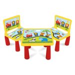 Casa si Gradina - Mobilier - Seturi de mobilier - Seturi living - Set Masa si 2 Scaune din Plastic pentru Copii, cu Model Trenulet, Galben - Infinity.ro
