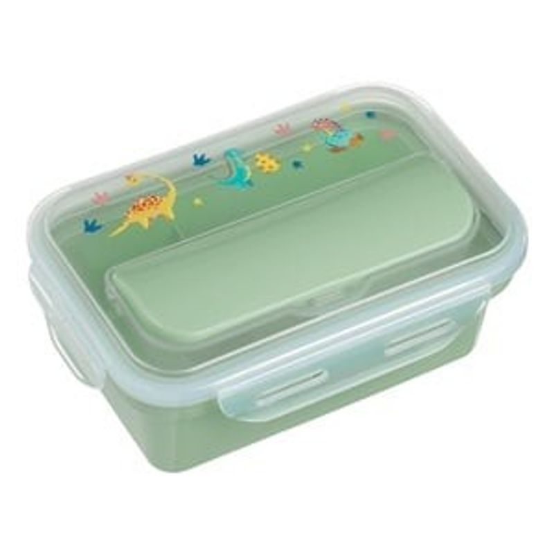 Casa si Gradina - Bucatarie si vesela - Organizare si depozitare bucatarie - Cutii alimentare - Caserola alimentara cu 2 compartimente si tacamuri, 650 ml, verde menta, cu imprimeu dinozaur - Infinity.ro