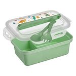 Casa si Gradina - Bucatarie si vesela - Organizare si depozitare bucatarie - Cutii alimentare - Caserola alimentara cu 2 compartimente si tacamuri, 650 ml, verde menta, cu imprimeu dinozaur - Infinity.ro