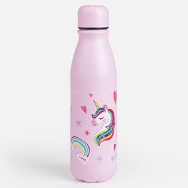 Casa si Gradina - Bucatarie si vesela - Cani si pahare - Sticle - Sticla de apa din aluminiu pentru copii, 600 ml, roz cu imprimeu unicorn si curcubeu - Infinity.ro