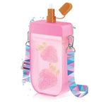 Casa si Gradina - Bucatarie si vesela - Cani si pahare - Sticle - Sticla de apa in forma de inghetata, 350 ml, roz, cu pai si curea - Infinity.ro
