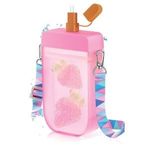 Casa si Gradina - Bucatarie si vesela - Cani si pahare - Sticle - Sticla de apa in forma de inghetata, 350 ml, roz, cu pai si curea - Infinity.ro