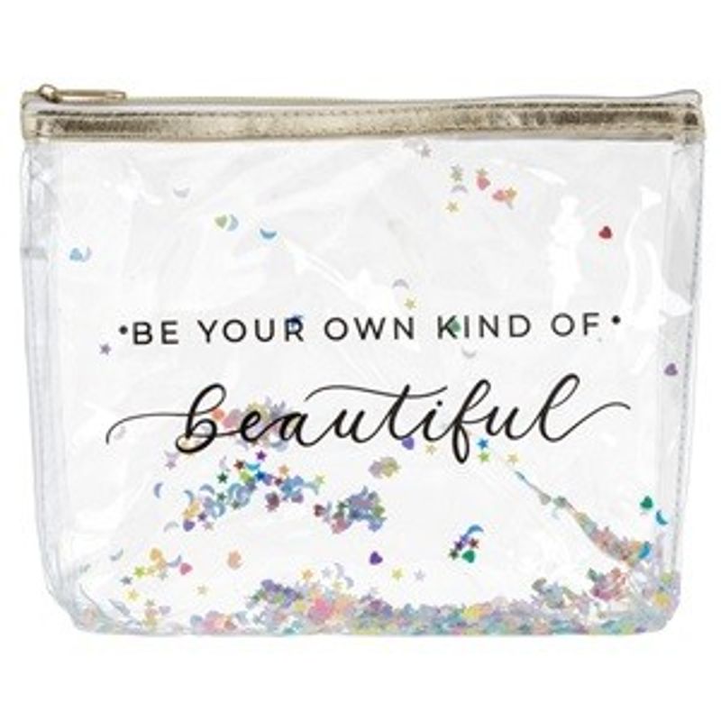 Fashion, accesorii si bijuterii - Femei - Bijuterii femei - Cutii bijuterii - Portfard transparent cu confetti, 20x17 cm, fermoar auriu - Infinity.ro