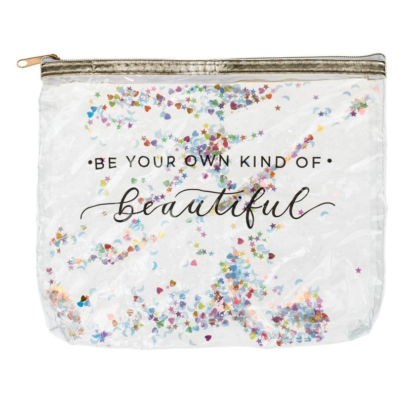 Fashion, accesorii si bijuterii - Femei - Bijuterii femei - Cutii bijuterii - Portfard transparent cu confetti, 20x17 cm, fermoar auriu - Infinity.ro