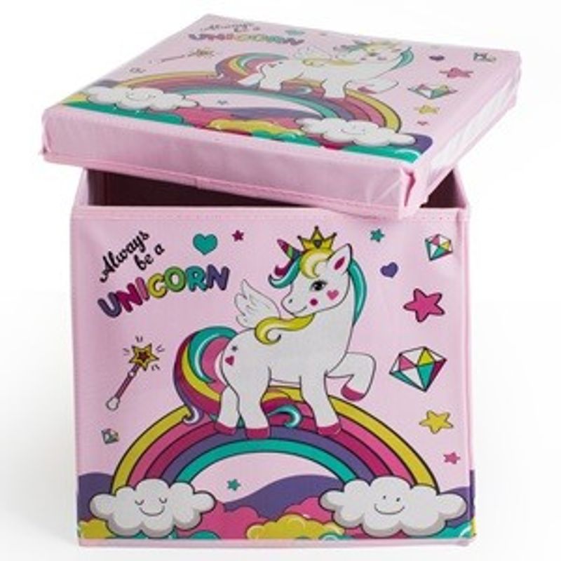 Casa si Gradina - Mobilier - Scaune si fotolii - Tabureti - Cutie de depozitare tip taburet, 30x30x30 cm, roz, cu model unicorn - Infinity.ro