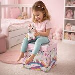Casa si Gradina - Mobilier - Scaune si fotolii - Tabureti - Cutie de depozitare tip taburet, 30x30x30 cm, roz, cu model unicorn - Infinity.ro