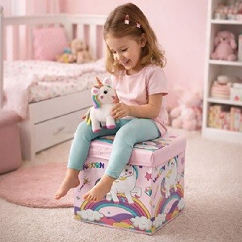 Casa si Gradina - Mobilier - Scaune si fotolii - Tabureti - Cutie de depozitare tip taburet, 30x30x30 cm, roz, cu model unicorn - Infinity.ro