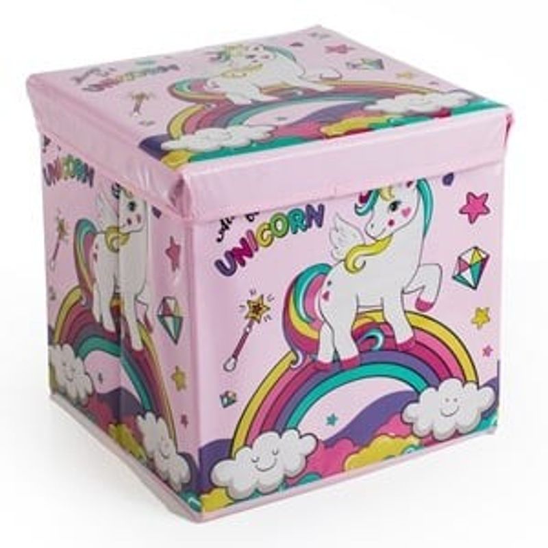 Casa si Gradina - Mobilier - Scaune si fotolii - Tabureti - Cutie de depozitare tip taburet, 30x30x30 cm, roz, cu model unicorn - Infinity.ro