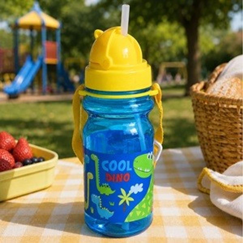 Casa si Gradina - Bucatarie si vesela - Cani si pahare - Sticle - Sticla cu pai pop-up, 350 ml, albastra, cu design dinozauri - Infinity.ro