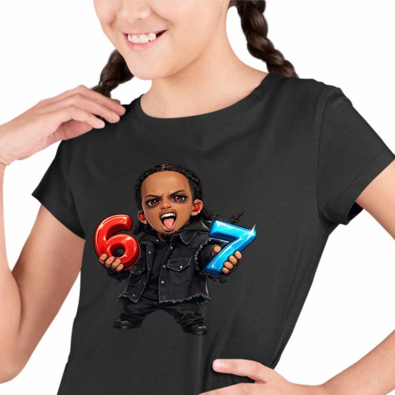 Fashion, accesorii si bijuterii - Copii - Imbracaminte copii - Tricouri copii - Tricou Copii Fete Playboi Carti Six Seven 67, negru, marime XS Copii - Infinity.ro