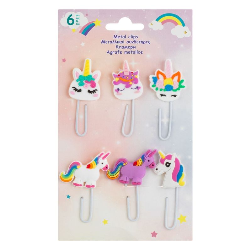 Carti si Birotica - Birotica - Accesorii de birou - Benzi adezive - Agrafe metalice semn de carte cu topper unicorn, 6 buc, 7 cm - Infinity.ro