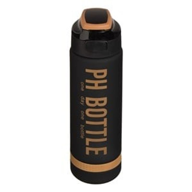 Casa si Gradina - Bucatarie si vesela - Cani si pahare - Sticle - Sticla de apa sport din plastic, 1L, neagra cu auriu, cu capac etans si scala de masurare - Infinity.ro