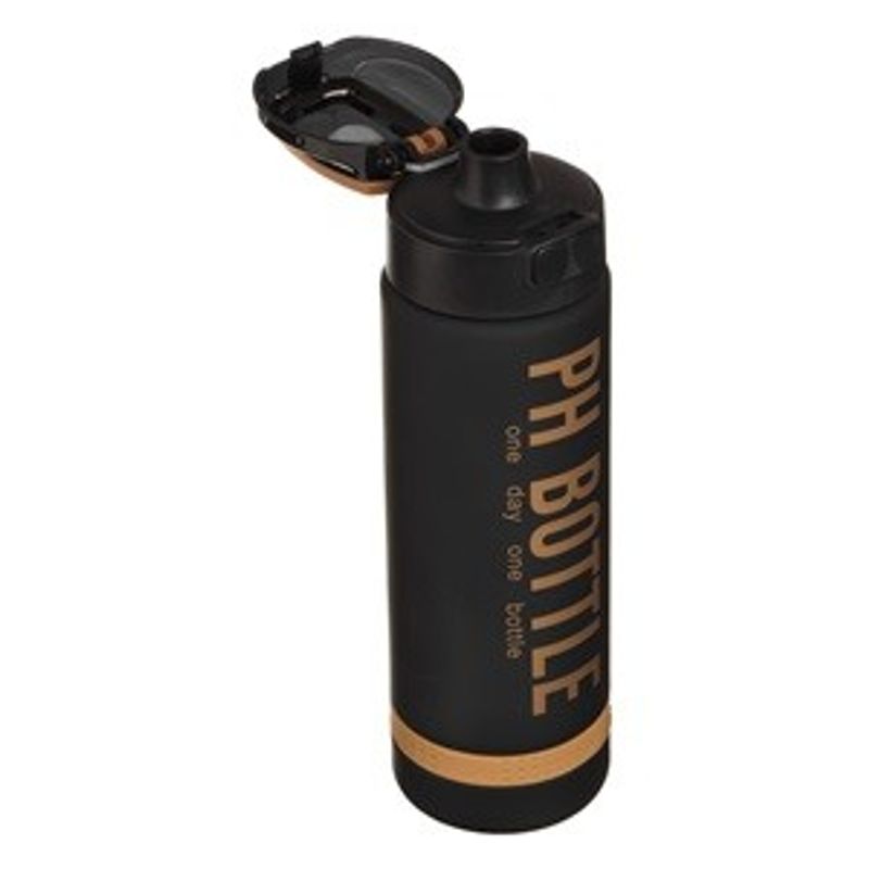Casa si Gradina - Bucatarie si vesela - Cani si pahare - Sticle - Sticla de apa sport din plastic, 1L, neagra cu auriu, cu capac etans si scala de masurare - Infinity.ro