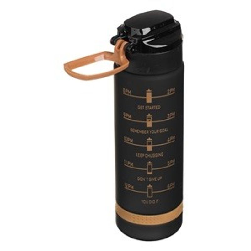 Casa si Gradina - Bucatarie si vesela - Cani si pahare - Sticle - Sticla de apa sport din plastic, 1L, neagra cu auriu, cu capac etans si scala de masurare - Infinity.ro