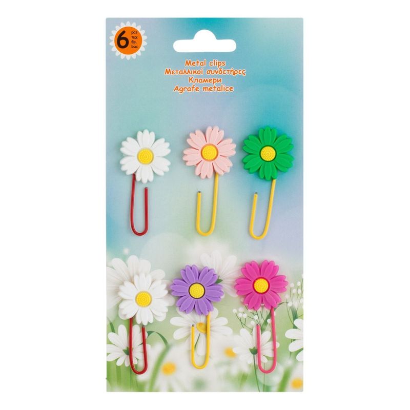 Carti si Birotica - Birotica - Accesorii de birou - Agrafe si capse - Agrafe Metalice Colorate pentru Semne de Carte cu Floare Topper, 6.5cm, 6 buc - Infinity.ro