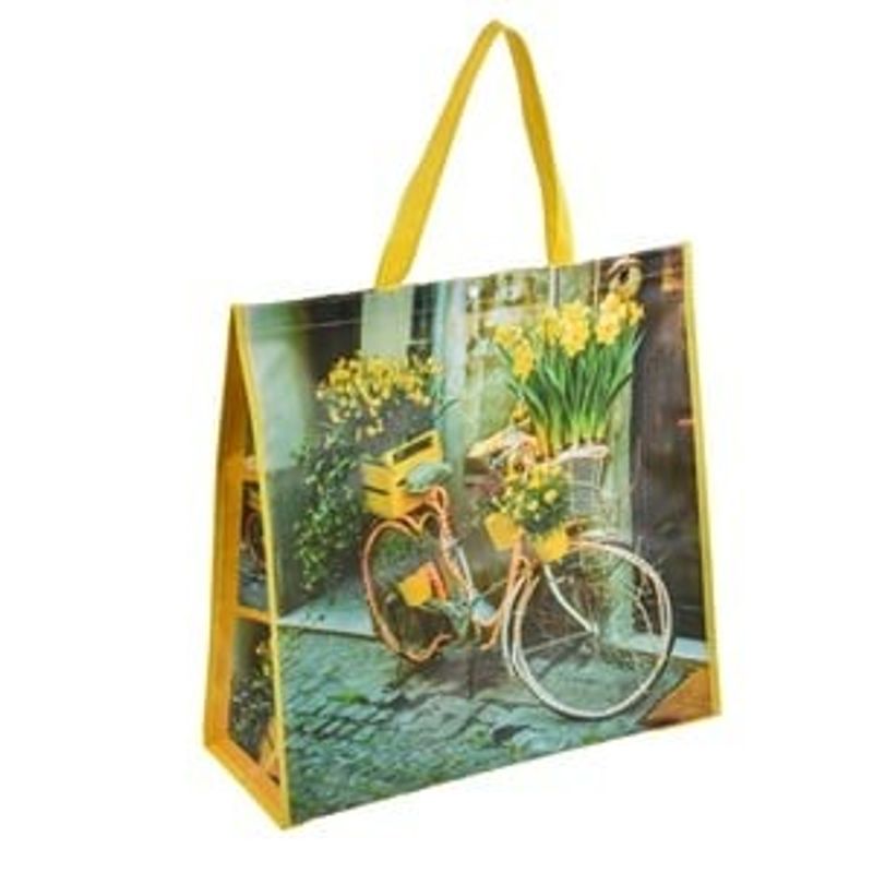 Carti si Birotica - Birotica - Articole ambalare - Sacosa reutilizabila din PP, Galbena cu model Bicicleta si Flori, 50x19x50cm - Infinity.ro
