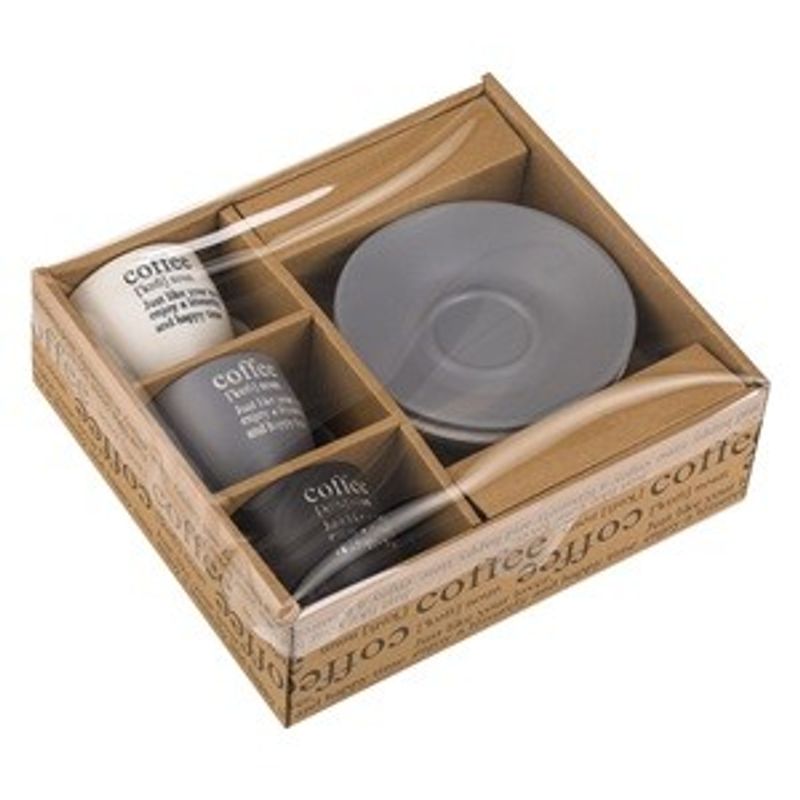 Casa si Gradina - Bucatarie si vesela - Cani si pahare - Cani si cesti - Set 3 Cesti de Cafea Ceramice cu Farfurii, 90 ml, Finisaj Mat, Gri, Negru si Crem - Infinity.ro