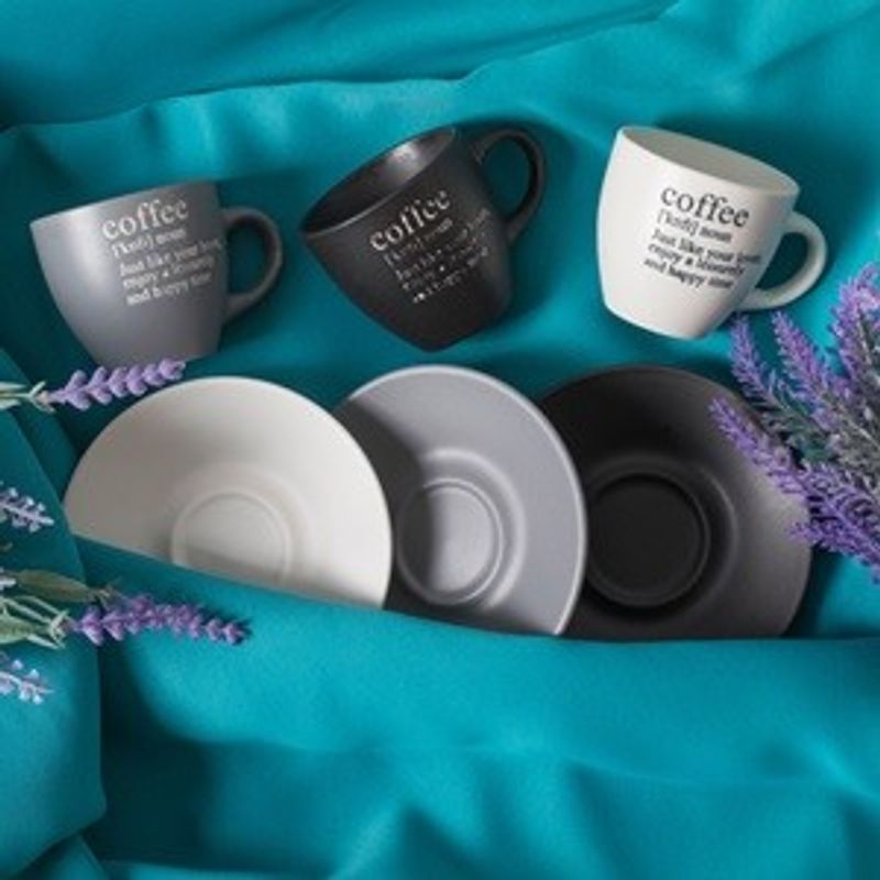 Casa si Gradina - Bucatarie si vesela - Cani si pahare - Cani si cesti - Set 3 Cesti de Cafea Ceramice cu Farfurii, 90 ml, Finisaj Mat, Gri, Negru si Crem - Infinity.ro
