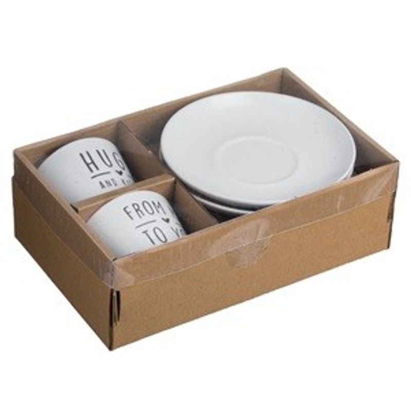 Casa si Gradina - Bucatarie si vesela - Vesela si tacamuri - Farfurii si boluri - Set 2 Cesti Ceramice Maro Ecru cu Farfurie & Mesaje, 250ml - Infinity.ro