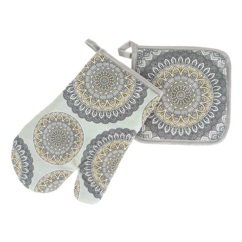 Casa si Gradina - Textile si covoare - Textile bucatarie - Manusi bucatarie - Set Manusa si Suport Tigaie cu Model Mandala, Gri, 2 buc - Infinity.ro