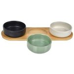 Market - Bauturi - Bauturi alcoolice - Aperitive - Suport din Bambus cu 3 Boluri Ceramice Colorate pentru Aperitive 32x10x4.5cm - Infinity.ro