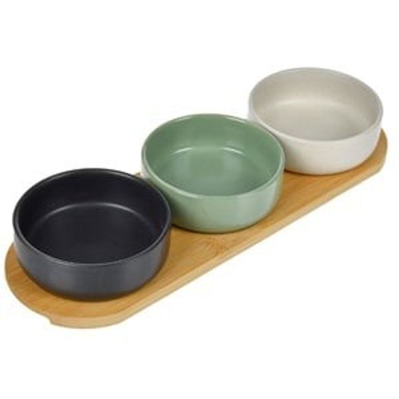 Market - Bauturi - Bauturi alcoolice - Aperitive - Suport din Bambus cu 3 Boluri Ceramice Colorate pentru Aperitive 32x10x4.5cm - Infinity.ro