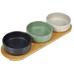 Market - Bauturi - Bauturi alcoolice - Aperitive - Suport din Bambus cu 3 Boluri Ceramice Colorate pentru Aperitive 32x10x4.5cm - Infinity.ro