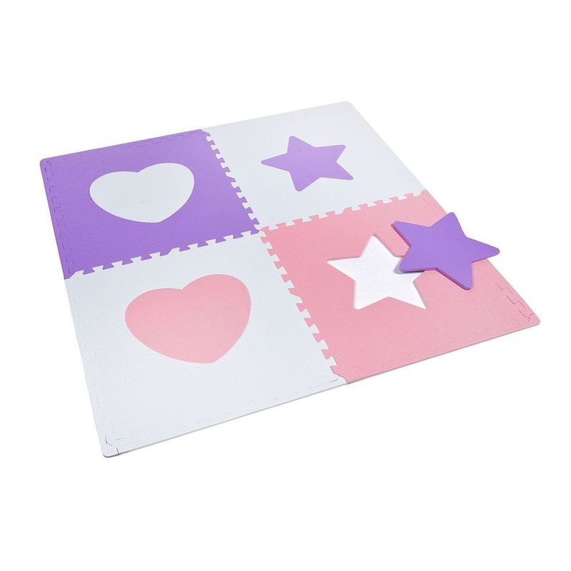 Jucarii, Copii si Bebe - Jucarii si jocuri - Jocuri si puzzle - Puzzle - Covor Puzzle pentru Copii, 4 Piese, 61x61cm, Roz si Alb cu Inimi si Stele - Infinity.ro
