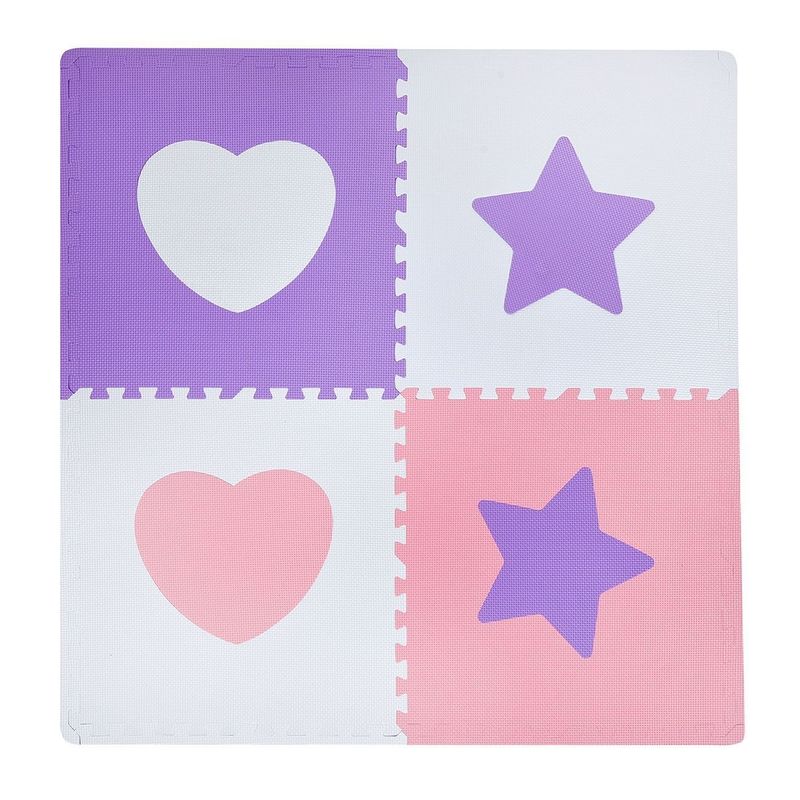 Jucarii, Copii si Bebe - Jucarii si jocuri - Jocuri si puzzle - Puzzle - Covor Puzzle pentru Copii, 4 Piese, 61x61cm, Roz si Alb cu Inimi si Stele - Infinity.ro