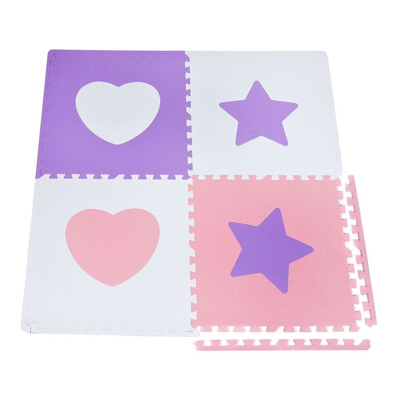 Jucarii, Copii si Bebe - Jucarii si jocuri - Jocuri si puzzle - Puzzle - Covor Puzzle pentru Copii, 4 Piese, 61x61cm, Roz si Alb cu Inimi si Stele - Infinity.ro